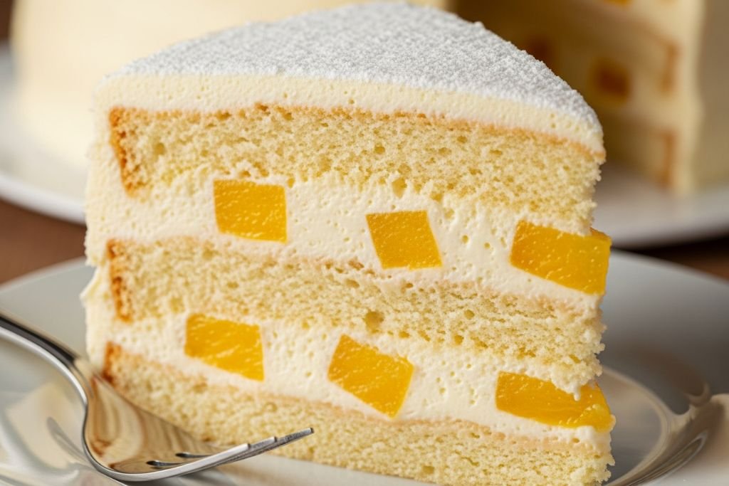 Fatia de bolo de Leite Ninho com pedaços de pêssego, uma combinação moderna de recheios que combinam com pêssego.