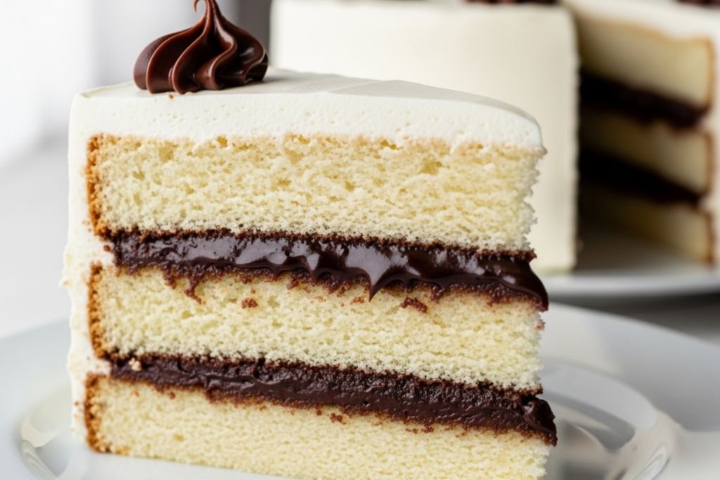 Bolo de massa branca recheado com ganache de chocolate meio amargo, criando um contraste de sabores e cores.