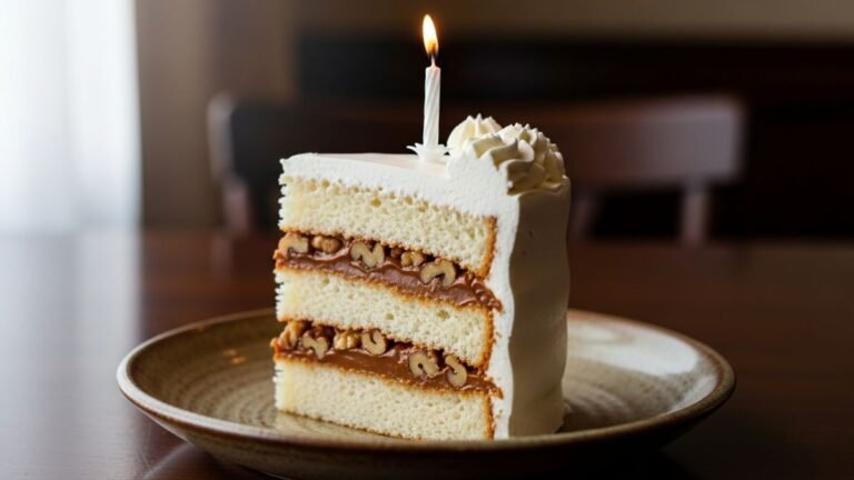 Fatia de bolo de festa com massa branca e recheio generoso de doce de leite com nozes, uma combinação clássica.