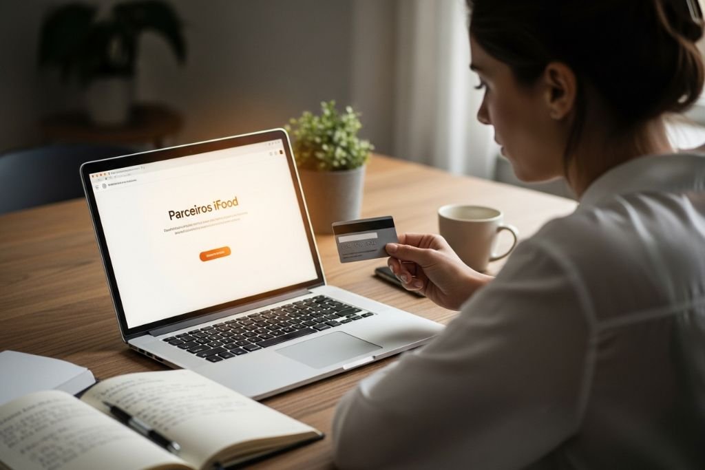 Empreendedora realizando o cadastro no portal de parceiros do iFood para começar a vender seus bolos de pote.