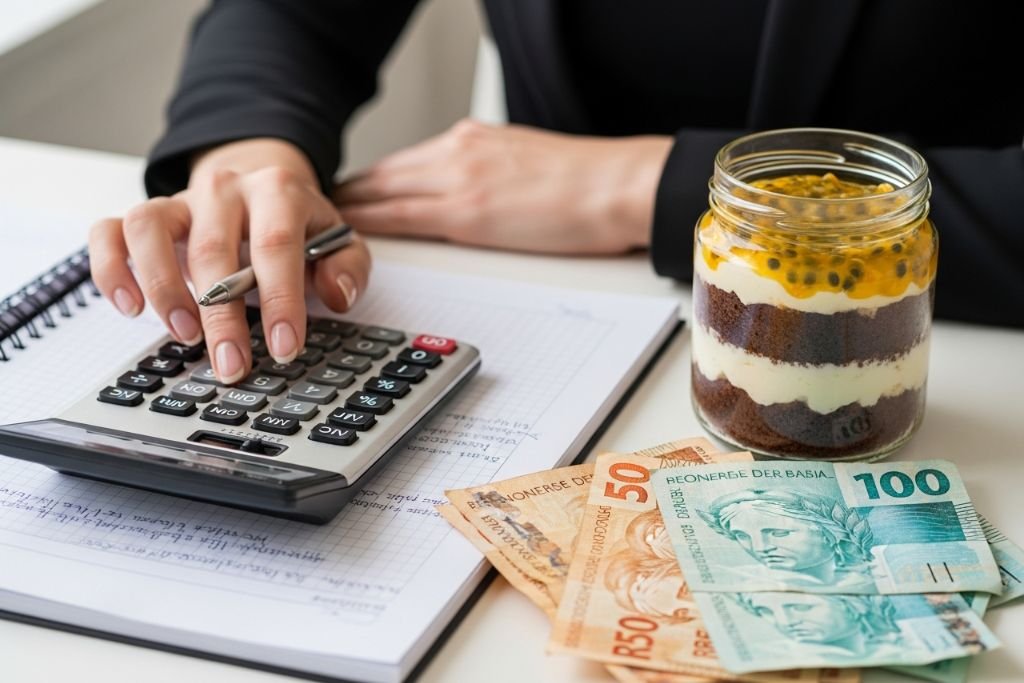 Calculadora e dinheiro ao lado de um bolo de pote, mostrando como calcular o lucro diário das vendas.