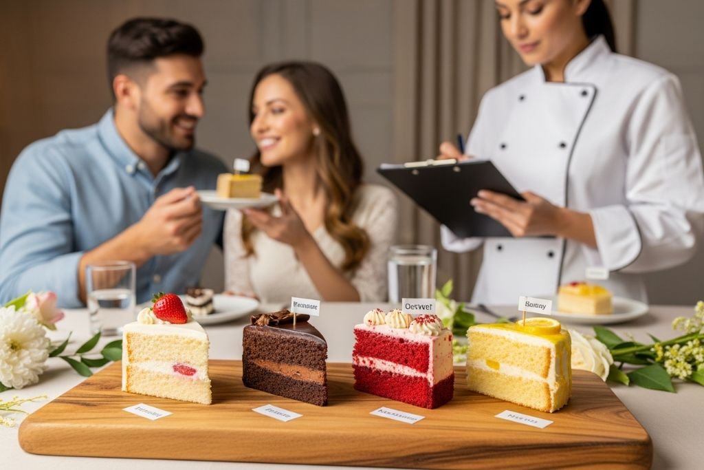 Kit de degustação de bolos de casamento com vários sabores, parte essencial da consultoria para ajudar os noivos a escolher.