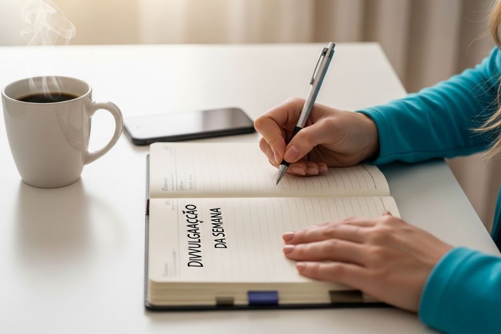 Confeiteira planejando sua estratégia de divulgação em um caderno, antes de usar as frases para vender bolo de pote.