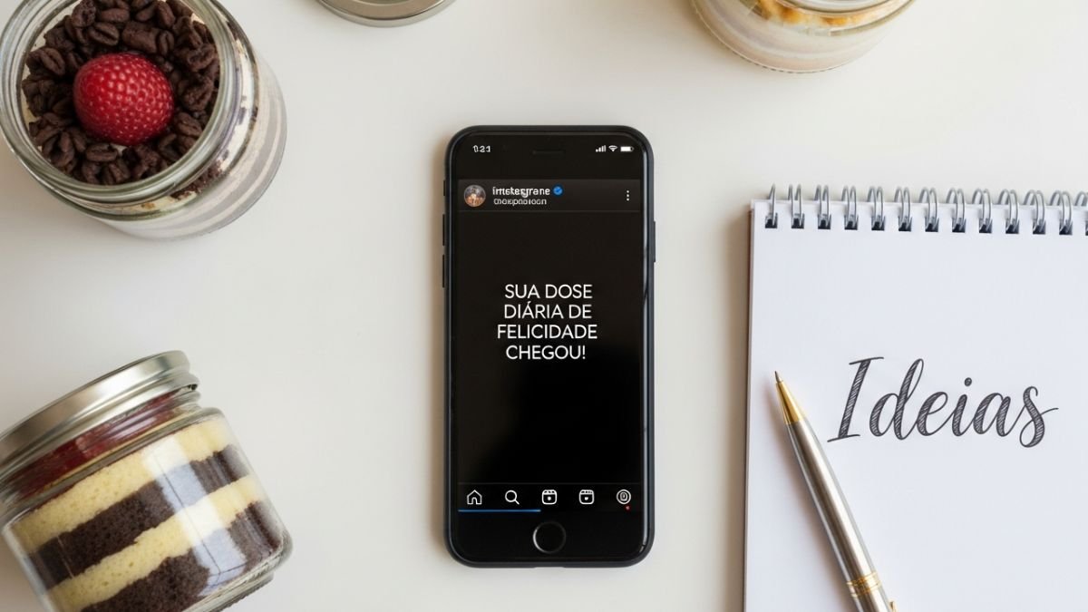 Celular exibindo uma das frases para vender bolo de pote, ao lado de potes decorados, representando a divulgação do produto nas redes sociais.