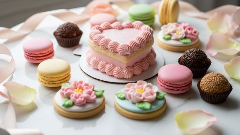 Ideias de doces para vender no Dia das Mães, incluindo um bolo de coração, macarons e biscoitos decorados em uma mesa elegante.