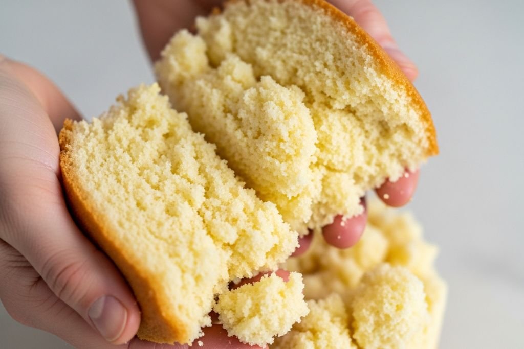 Massa branca e fofinha sendo esfarelada para a receita de bolo de pote de Ninho, demonstrando a textura ideal para o doce.
