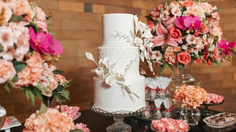 Bolo de casamento de 3 andares decorado com flores, ilustrando o guia sobre os melhores sabores e tendências para noivas.