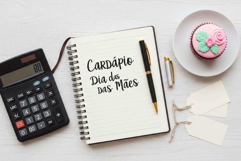 Planejamento de vendas de doces para o Dia das Mães, com caderno, calculadora e um cupcake decorado.
