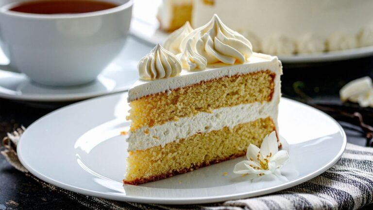 Fatia de bolo de massa branca com recheio de ninho, ilustrando as melhores combinações para bolos.