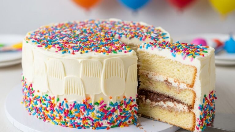 Bolo de aniversário infantil decorado com confetes coloridos e recheio de chocolate, o sabor favorito das crianças.