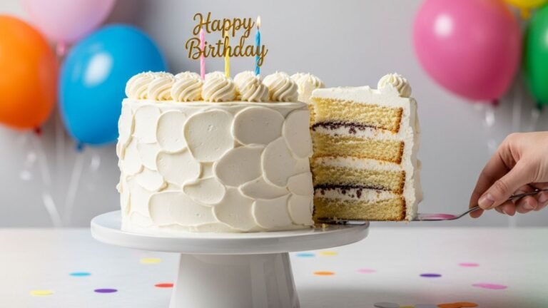 Fatia sendo retirada de um dos sabores de bolo de aniversário mais vendidos, mostrando recheio cremoso e decoração festiva ao fundo.