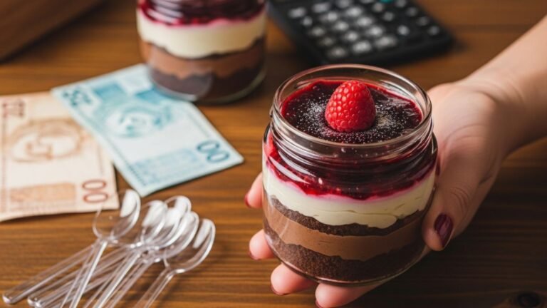 Mão segurando um bolo de pote com dinheiro ao fundo, ilustrando que vender bolo de pote dá dinheiro e é um negócio lucrativo.