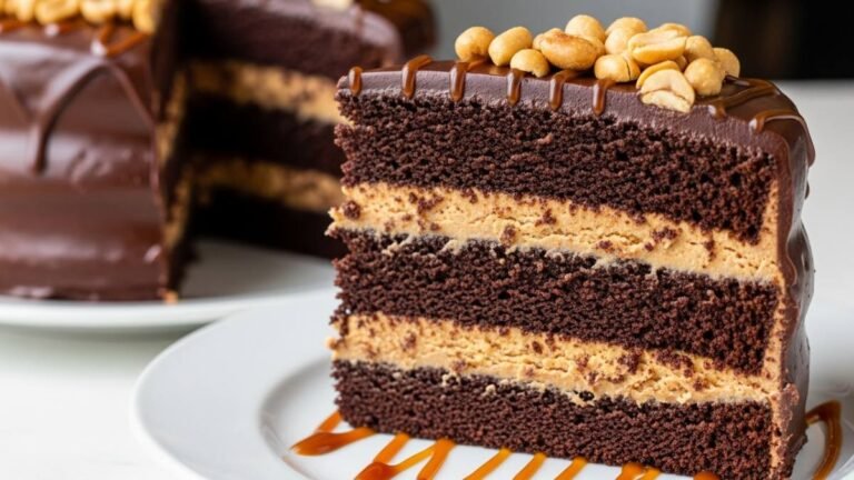 Fatia de bolo de chocolate com recheio de caramelo e amendoim (estilo Snickers), uma combinação gourmet lucrativa.