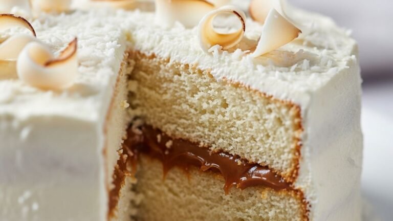 Fatia de bolo de coco fofinho com recheio generoso de doce de leite cremoso, uma combinação clássica e irresistível.