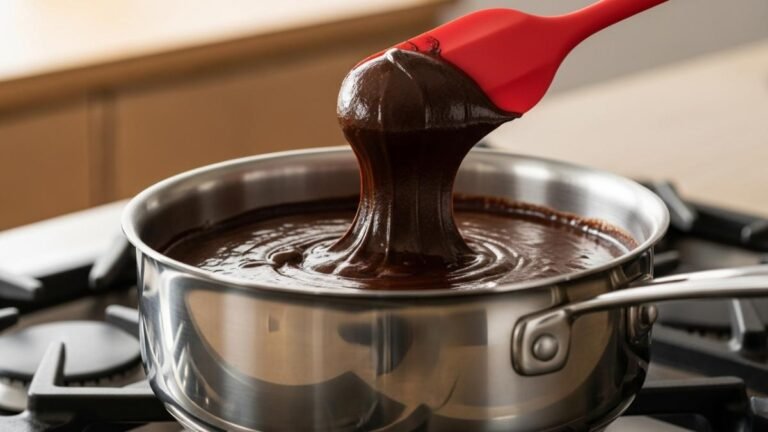 Brigadeiro gourmet brilhante sendo mexido em panela de fundo grosso, ideal para não queimar o doce.