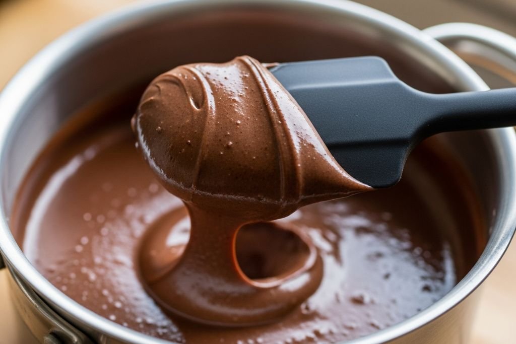 Recheio de brigadeiro gourmet no ponto correto de corte, brilhante e firme na espátula.