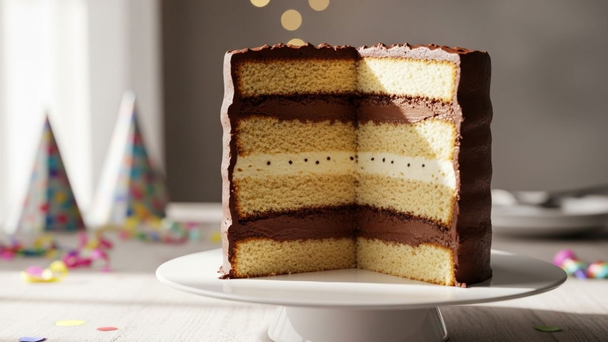 Bolo de aniversário alto cortado mostrando camadas de massa úmida e recheios para bolo de aniversário estruturados e cremosos.