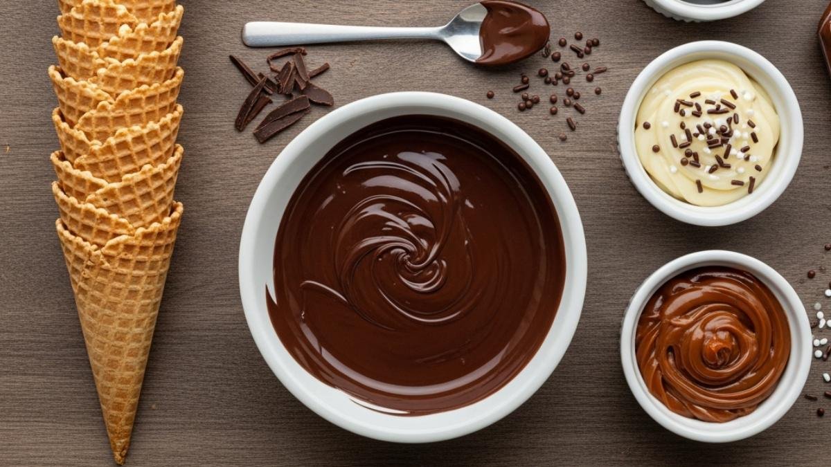 Kit de ingredientes e utensílios básicos para fazer cone trufado: casquinhas, chocolate e recheios.