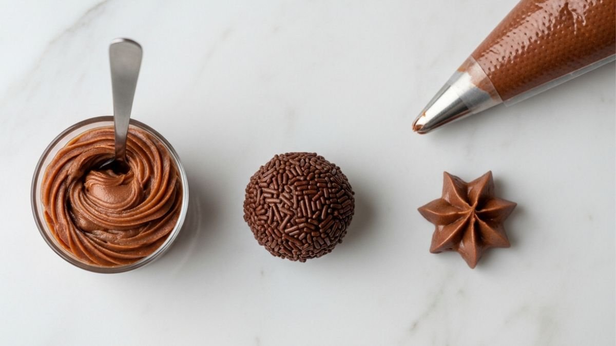 Três estágios do brigadeiro: de colher, enrolado e de bico, ilustrando o guia completo de pontos.