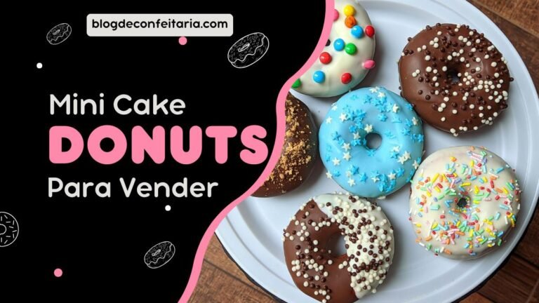Cardápio variado de mini donuts caseiros para vender, com coberturas de chocolate ao leite, branco e glacê azul.