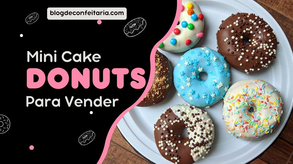 Cardápio variado de mini donuts caseiros para vender, com coberturas de chocolate ao leite, branco e glacê azul.